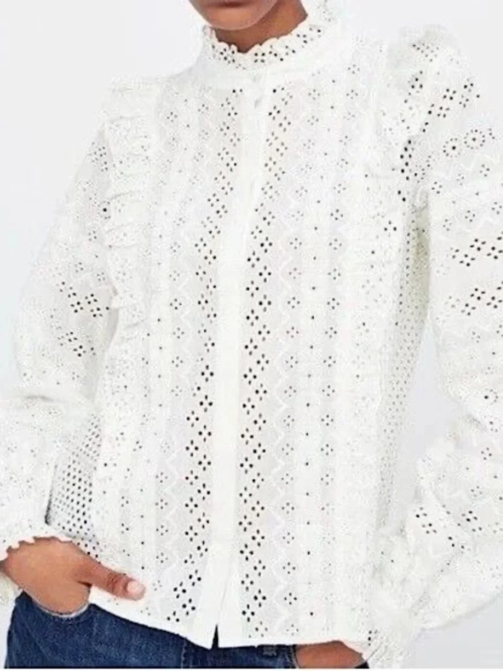 Sezane Inspired Zara Premium White Eyelet Lace Blouse S